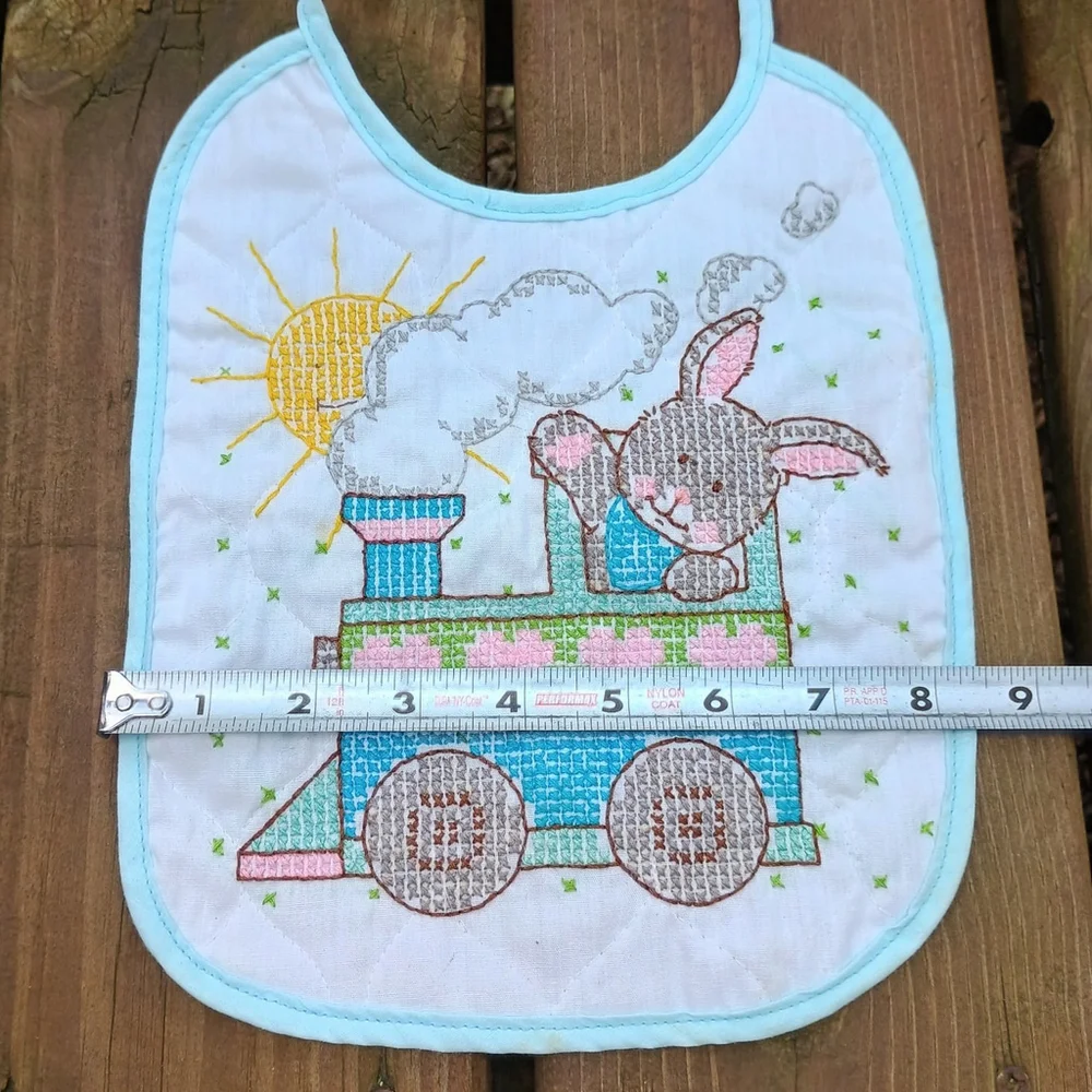 Vintage Bucilla Baby Bib Cross Stitch Bunny Rabbit On Train Unisex